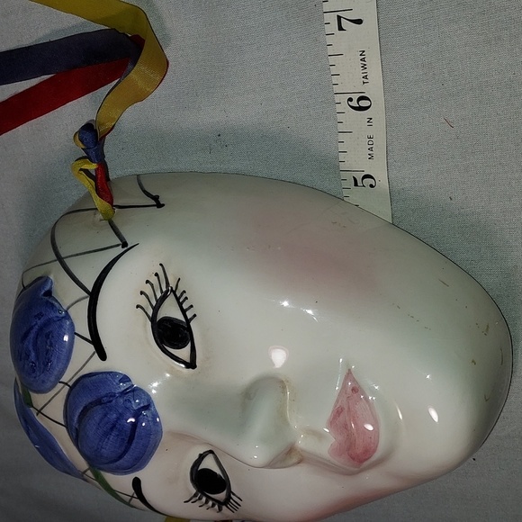 Vintage Hand Painted Ceramic Carnival Wall Mask Blue Flowers Design - Picture 5 of 7